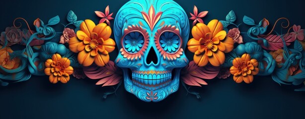 colorful flowershaped plastic sugar skull on blue background - obrazy, fototapety, plakaty