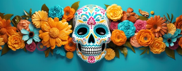 colorful sugar skull on a turquoise background
