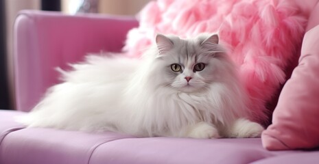 fluffy cat with pink color pillows sitting on a couch