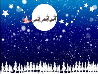 Merry Christmas background in blue sky Santa Claus carrying gift in reindeer sladge in front of fullMoon snow flakes over pine forest trees. 2023.