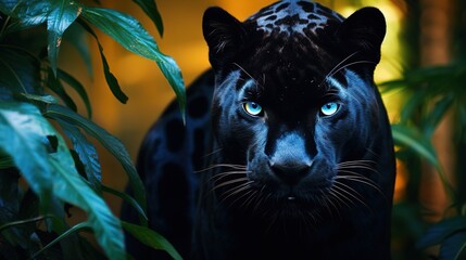 Portrait of a black panther in a river