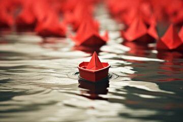 Barcos de papel rojo liderados. - obrazy, fototapety, plakaty