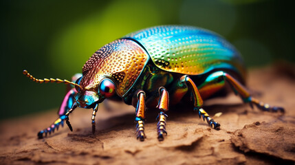 Naklejka premium close up photo of beautiful metallic beetle created with Generative Ai