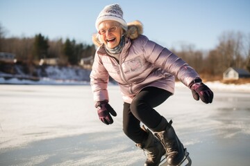 Fototapeta na wymiar Solo portrait of a senior woman gracefully ice skating on a frozen lake, proving winter sports have no age limit