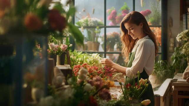 female florist making bouquet in flower shop.