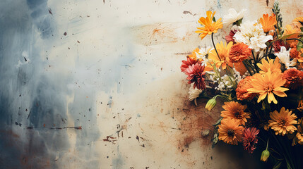 Flower arrangement on an old concrete background with shabby and cracked paint close-up with copy space. Greeting card base design. Floral banner, poster, background.