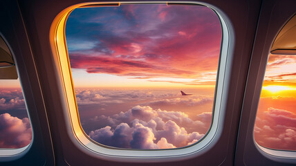 airplane window with view of clouds in sunset sky