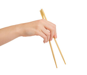 Hand holding wooden chopsticks, Chinese food sticks isolated on white background png