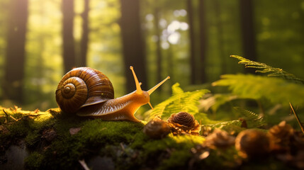 realistic close up photo of snail in a sun dappled forest created with Generative Ai