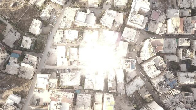 Air strike on Terrorist Building, drone attack view illustration 
Drone view over village in middle east bombarding target, 2023, 
