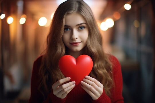 the girl holds a red heart in her hands. generative ai