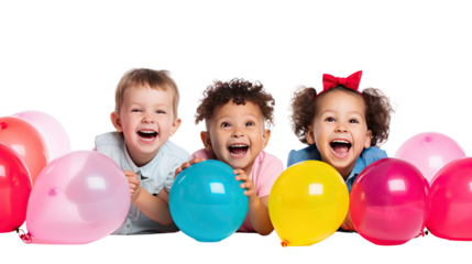 A group of children in colorful clothing, laughing and playing with balloons, capturing the innocence and joy of childhood