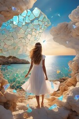 Woman in white dress facing the sea in a cave with crystal geodes