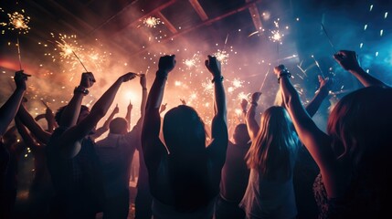 A cheerful group of friends enjoy new year party at nightclub People are drinking, dancing and...