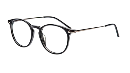 A pair of classic, black-rimmed eyeglasses, focused on the clarity and simplicity of the design