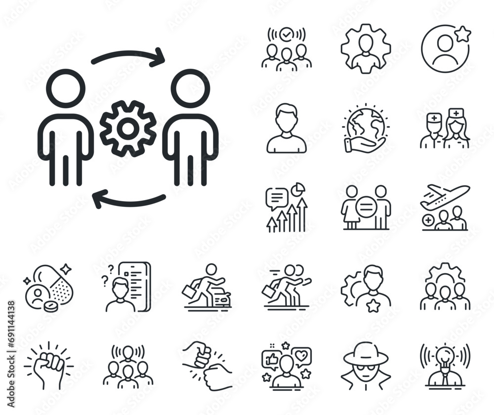 Wall mural Engineer or architect group sign. Specialist, doctor and job competition outline icons. Engineering team line icon. Working process symbol. Engineering team line sign. Vector