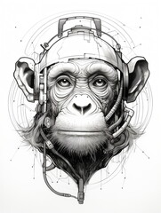 Silkscreen print of a monkey's head in black and white