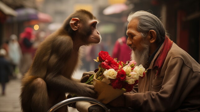 Portrait of a monkey and a man exchanged flowers