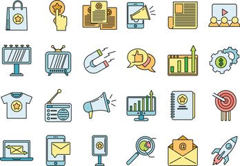Campaign adword icons set. Outline set of campaign adword vector icons thin line color flat on white