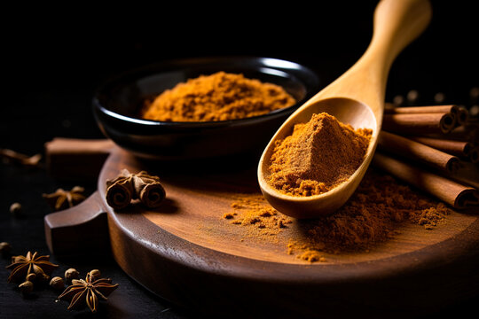 A wooden spoon with turmeric in it and cinnamon sticks lying next to it.