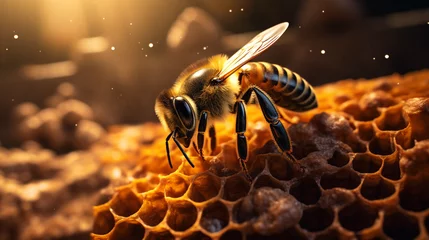 Fotobehang realistic macro close up photo of a bee in a hive created with Generative Ai © Andrii Yablonskyi