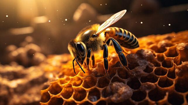 realistic macro close up photo of a bee in a hive created with Generative Ai