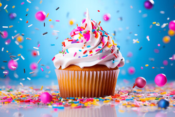 Cupcake with cream and sprinkles flying around.