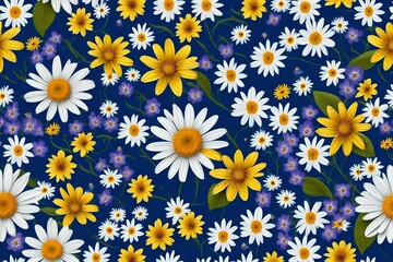 Cute daisy flowers and violets for seamless backdrop