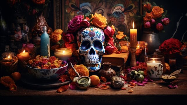 festive dia de los muertos celebration: vibrant attributes and time-honored traditions in glowing detail