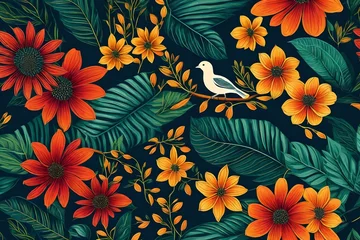 Foto op Canvas Vector images of a flower and a bird for traditional floral backdrop © Osama