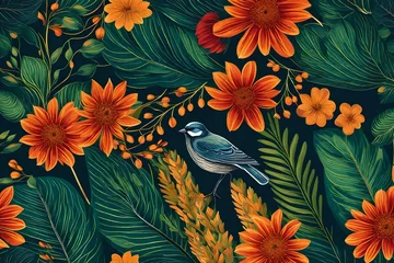 Möbelaufkleber Vector images of a flower and a bird for traditional floral backdrop © Osama