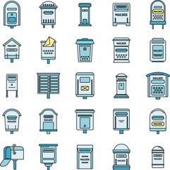 Metal mailbox icons set. Outline set of metal mailbox vector icons thin line color flat on white