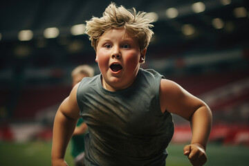 An overweight child is running in the stadium. A running marathon.