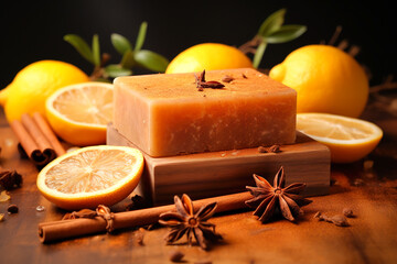 Fototapeta na wymiar Bars of handmade homemade soap with lemon, cinnamon and spices.