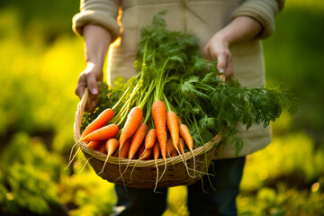 A woman holds a basket of freshly picked carrots - obrazy, fototapety, plakaty