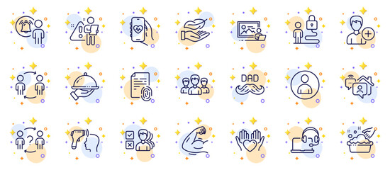 Outline set of Photo studio, Hold heart and Add person line icons for web app. Include Father day, Work home, Health app pictogram icons. Lock, Strong arm, Lightweight signs. Group. Vector