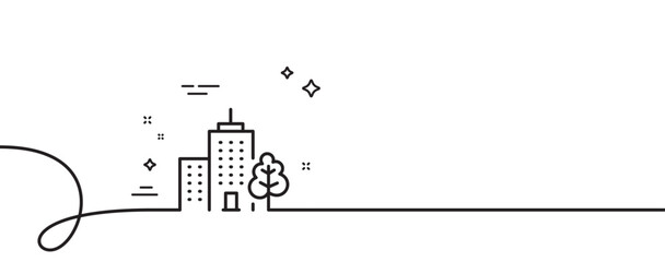 Skyscraper buildings line icon. Continuous one line with curl. City architecture with tree sign. Town symbol. Skyscraper buildings single outline ribbon. Loop curve pattern. Vector