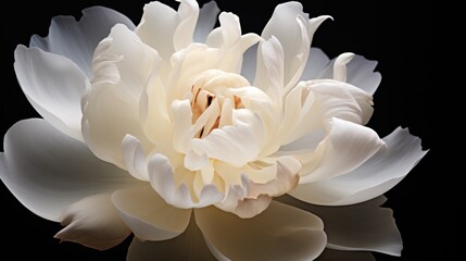  a white flower on a black background with a reflection of the flower in the center of the flower and the center of the flower in the middle of the flower.