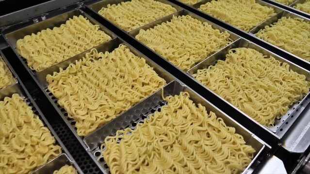 Noodle conveyor. Fast food. Noodle factory. Production line. Automated food factory. Production of instant noodles.Macaroni factory.