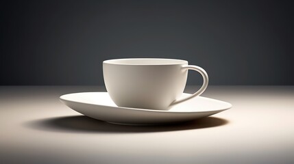  a white cup sitting on top of a saucer on top of a saucer on top of a plate on top of a table next to a black wall.