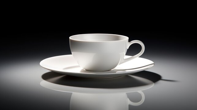  a white coffee cup sitting on top of a saucer on top of a white plate with a shadow on the surface of the coffee cup and saucer on the table.