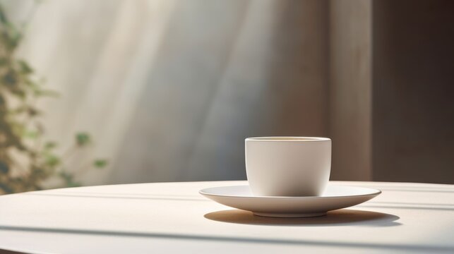  a white cup sitting on top of a white saucer on top of a white plate on top of a white table next to a window with sunlight streaming through the curtains.