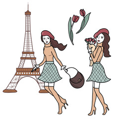 Set of young girl in beret with bouquet or running with a bag on a background with Eiffel Tower and tulip flowers. Vector flat illustration isolated.