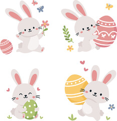 Fototapeta premium Set of flat vector illustrations for Easter holiday. Cute bunnies running with Easter eggs, grass, butterflies and flowers. Vector illustration