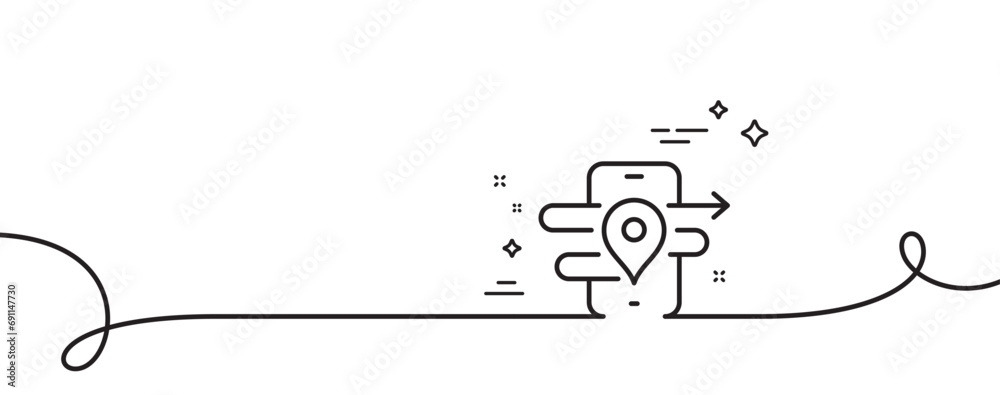 Poster gps line icon. continuous one line with curl. phone navigation map sign. journey road symbol. gps si