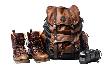 Backpack, hiking boots, and a compass laid out, ready for an adventure in nature