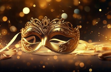 gold masquerade mask placed against the background of sparkling lights