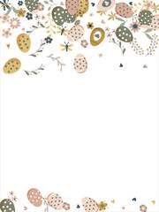 Happy Easter Banner. Pattern of eggs, flowers and twigs. For card, banner, poster, flyer, and web. Spring Festival. Vector illustration
