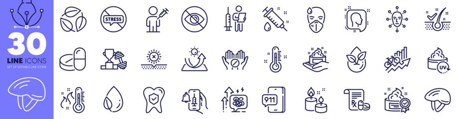 Vaccine announcement, Stress grows and Head line icons pack. Dumbbell, High thermometer, Sun protection web icon. Bicycle helmet, Emergency call, Medical drugs pictogram. Stop stress. Vector