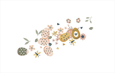 Happy Easter Banner. Pattern of eggs, flowers and twigs. For card, banner, poster, flyer, and web. Spring Festival. Vector illustration